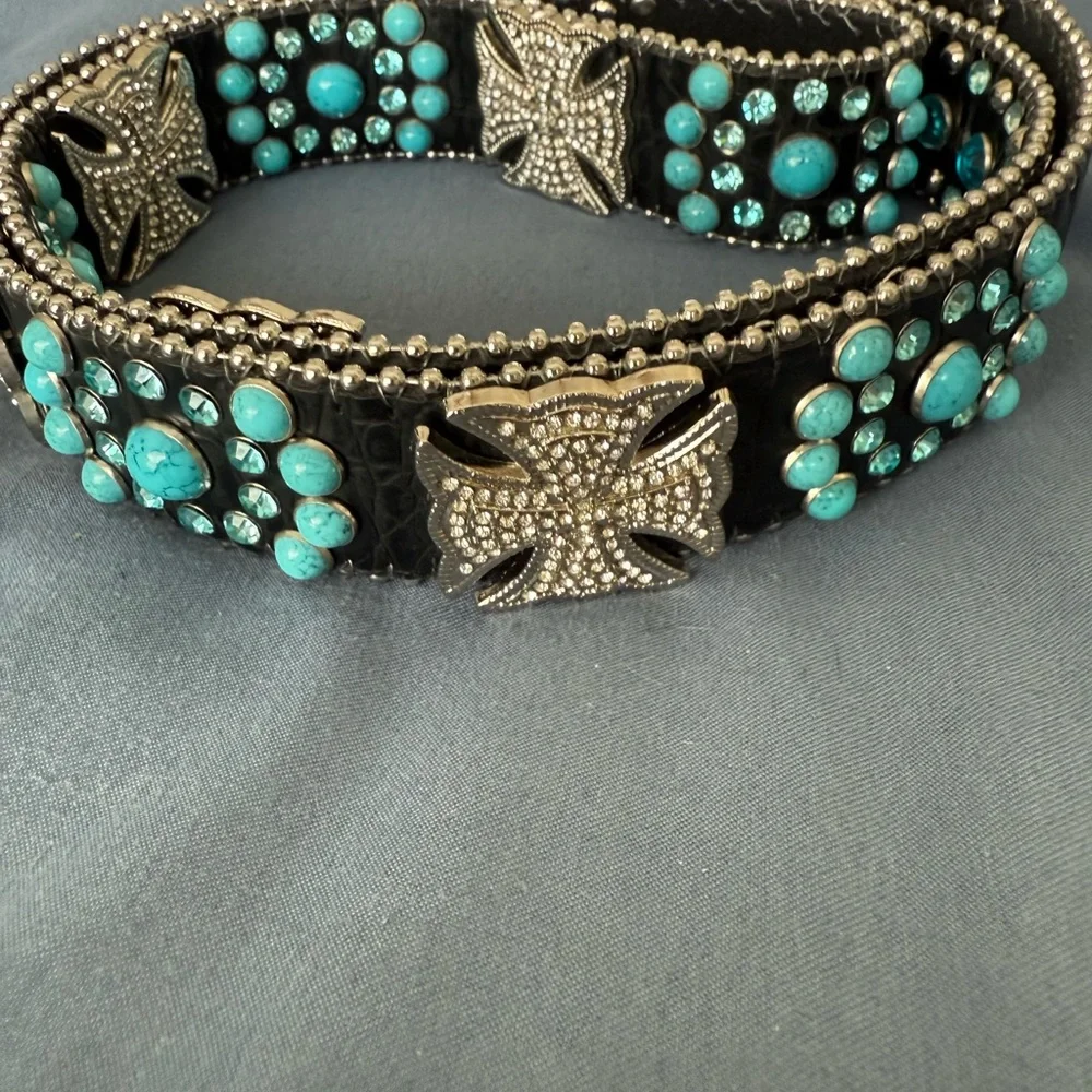 Studded Black Belt with Turquoise Accents - Picture 2 of 3